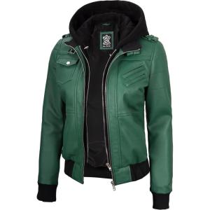 Blingsoul Leather Jacket Women – Real Lambskin Womens Leather Jackets With Detachable Hood(Edinburgh – Green Jacket)