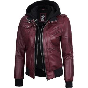 Blingsoul Leather Jacket Women – Real Lambskin Womens Leather Jackets With Detachable Hood(Edinburgh – Maroon Jacket)