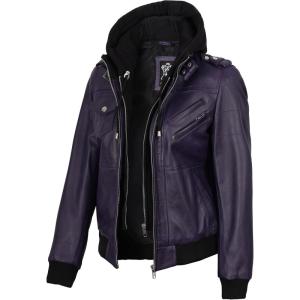 Blingsoul Leather Jacket Women – Real Lambskin Womens Leather Jackets With Detachable Hood(Edinburgh – Purple Hood Jacket)