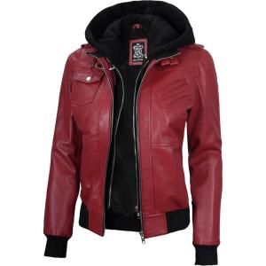 Blingsoul Leather Jacket Women – Real Lambskin Womens Leather Jackets With Detachable Hood(Edinburgh – Red Jacket)