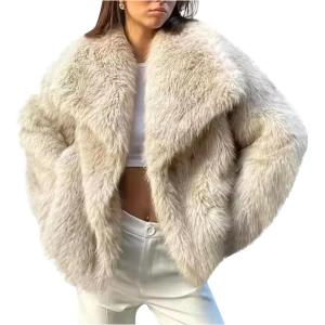 COZYPOIN Womens Faux Fur Jacket Fluffy Fur Coat Cropped Long Sleeve Lapel Button Down Fuzzy Winter Outerwear(Beige)