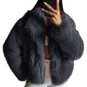COZYPOIN Womens Faux Fur Jacket Fluffy Fur Coat Cropped Long Sleeve Lapel Button Down Fuzzy Winter Outerwear(Grey)