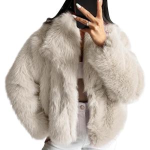 COZYPOIN Womens Faux Fur Jacket Fluffy Fur Coat Cropped Long Sleeve Lapel Button Down Fuzzy Winter Outerwear(Offwhite)