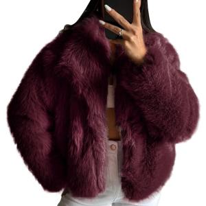 COZYPOIN Womens Faux Fur Jacket Fluffy Fur Coat Cropped Long Sleeve Lapel Button Down Fuzzy Winter Outerwear(Winered)
