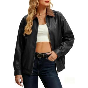Casly Lamiit Women Leather Jacket Oversized Bomber Motorcycle Zip Up Jacket Spring Trendy Coats Fashion Clothes 2026(Black)