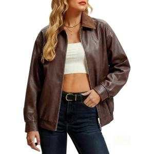 Casly Lamiit Women Leather Jacket Oversized Bomber Motorcycle Zip Up Jacket Spring Trendy Coats Fashion Clothes 2026(Brown)