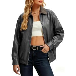 Casly Lamiit Women Leather Jacket Oversized Bomber Motorcycle Zip Up Jacket Spring Trendy Coats Fashion Clothes 2026(Dark Grey)