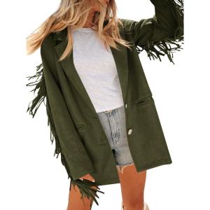 Cicy Bell Womens Faux Suede Fringe Jacket Casual Blazer Long Sleeve Lapel Button Front Suit Jackets(Army Green)