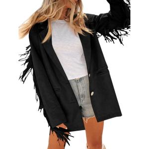 Cicy Bell Womens Faux Suede Fringe Jacket Casual Blazer Long Sleeve Lapel Button Front Suit Jackets(Black)