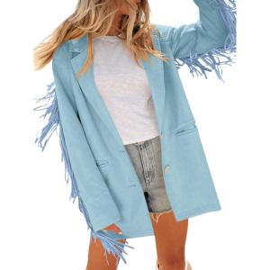 Cicy Bell Womens Faux Suede Fringe Jacket Casual Blazer Long Sleeve Lapel Button Front Suit Jackets(Blue)