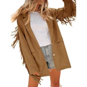 Cicy Bell Womens Faux Suede Fringe Jacket Casual Blazer Long Sleeve Lapel Button Front Suit Jackets(Brown)