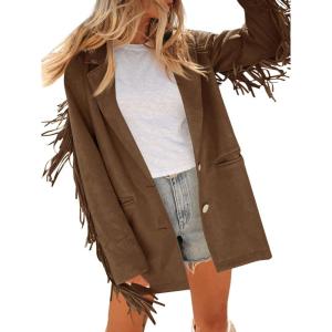 Cicy Bell Womens Faux Suede Fringe Jacket Casual Blazer Long Sleeve Lapel Button Front Suit Jackets(Dark Brown)