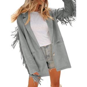 Cicy Bell Womens Faux Suede Fringe Jacket Casual Blazer Long Sleeve Lapel Button Front Suit Jackets(Grey)