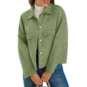 Cicy Bell Womens Faux Suede Leather Jackets Oversized Cropped Casual Lapel Collar Button Down Fall Vintage Shackets(Army Green)