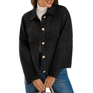 Cicy Bell Womens Faux Suede Leather Jackets Oversized Cropped Casual Lapel Collar Button Down Fall Vintage Shackets(Black)