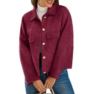 Cicy Bell Womens Faux Suede Leather Jackets Oversized Cropped Casual Lapel Collar Button Down Fall Vintage Shackets(Wine Red)