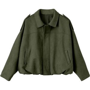 EVALESS Womens Faux Suede Bomber Jackets Long Sleeve Fall Coats Zip Up Cropped Jacket Trendy Winter Warm Outerwear(Four Leaf Clover)