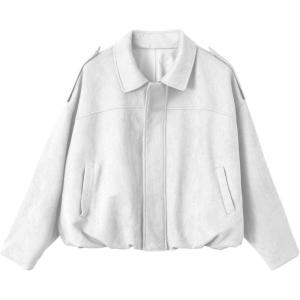 EVALESS Womens Faux Suede Bomber Jackets Long Sleeve Fall Coats Zip Up Cropped Jacket Trendy Winter Warm Outerwear(White)