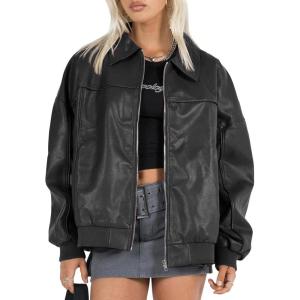 EsheSy Women’s Oversized Leather Jacket Faux Suede Boyfriend Motorcycle Full Zip Bomber Jacket(Black)