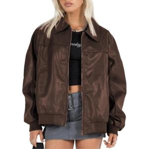 EsheSy Women’s Oversized Leather Jacket Faux Suede Boyfriend Motorcycle Full Zip Bomber Jacket(Brown)