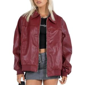 EsheSy Women’s Oversized Leather Jacket Faux Suede Boyfriend Motorcycle Full Zip Bomber Jacket(Burgundy)