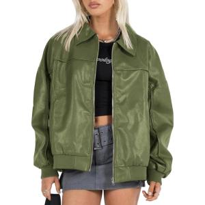 EsheSy Women’s Oversized Leather Jacket Faux Suede Boyfriend Motorcycle Full Zip Bomber Jacket(Green)