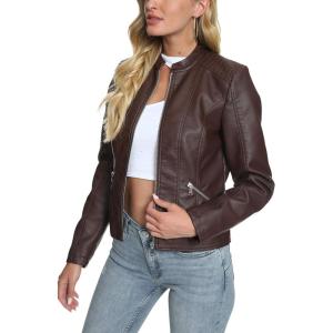 Fahsyee Zip Leather Jackets for Women Motorcycle Faux PU Moto Biker Outwear Coat(Coffee)
