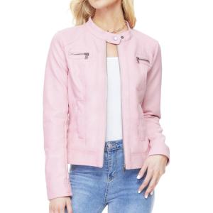 Fahsyee Zip Leather Jackets for Women Motorcycle Faux PU Moto Biker Outwear Coat(Pink)