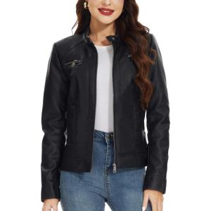 Fahsyee Zip Leather Jackets for Women Motorcycle Faux PU Moto Biker Outwear Coat(Pure Black)
