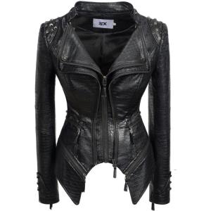 Fashion SX Women’s Punk Studded Faux-alligator Print Pattern PU Leather Jackets Zipper Moto Biker Coat(Black)