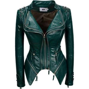 Fashion SX Women’s Punk Studded Faux-alligator Print Pattern PU Leather Jackets Zipper Moto Biker Coat(Green)