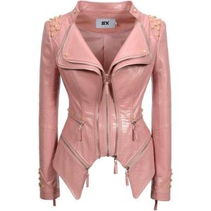 Fashion SX Women’s Punk Studded Faux-alligator Print Pattern PU Leather Jackets Zipper Moto Biker Coat(Pink)