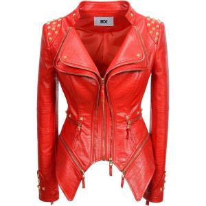 Fashion SX Women’s Punk Studded Faux-alligator Print Pattern PU Leather Jackets Zipper Moto Biker Coat(Red)