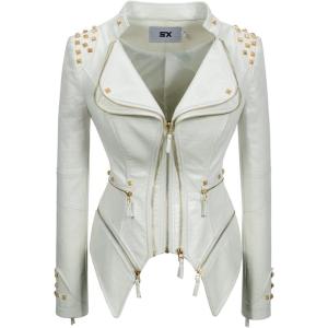 Fashion SX Women’s Punk Studded Faux-alligator Print Pattern PU Leather Jackets Zipper Moto Biker Coat(White)