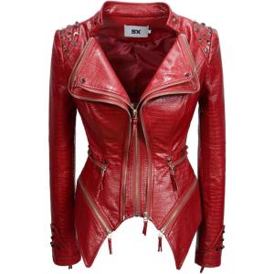 Fashion SX Women’s Punk Studded Faux-alligator Print Pattern PU Leather Jackets Zipper Moto Biker Coat(Wine Red)