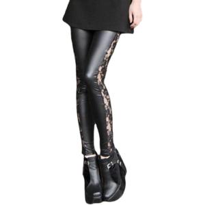 GK-O Fashion Sexy Women PU Leather Gothic Punk Leggings Pants Lace Skinny Trousers(Black)