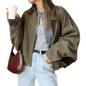 HOTIAN Women’s Faux Suede Bomber Jacket Zipper Pilot Coat Casual Lapel Oversized Long Sleeves Y2K Outerwear Coats(Army Green)