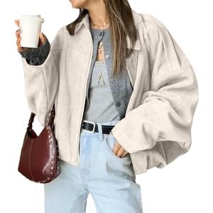 HOTIAN Women’s Faux Suede Bomber Jacket Zipper Pilot Coat Casual Lapel Oversized Long Sleeves Y2K Outerwear Coats(Beige)