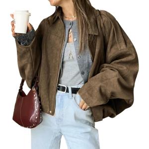 HOTIAN Women’s Faux Suede Bomber Jacket Zipper Pilot Coat Casual Lapel Oversized Long Sleeves Y2K Outerwear Coats(Brown)