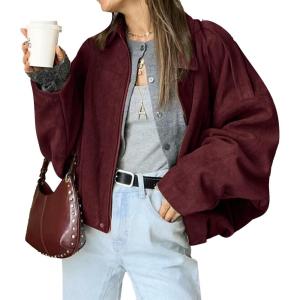 HOTIAN Women’s Faux Suede Bomber Jacket Zipper Pilot Coat Casual Lapel Oversized Long Sleeves Y2K Outerwear Coats(Burgundy)