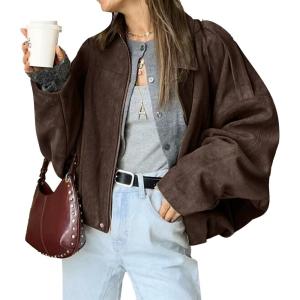 HOTIAN Women’s Faux Suede Bomber Jacket Zipper Pilot Coat Casual Lapel Oversized Long Sleeves Y2K Outerwear Coats(Coffee)