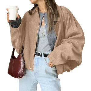 HOTIAN Women’s Faux Suede Bomber Jacket Zipper Pilot Coat Casual Lapel Oversized Long Sleeves Y2K Outerwear Coats(Khaki)