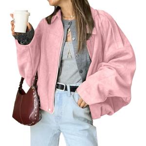 HOTIAN Women’s Faux Suede Bomber Jacket Zipper Pilot Coat Casual Lapel Oversized Long Sleeves Y2K Outerwear Coats(Pink)