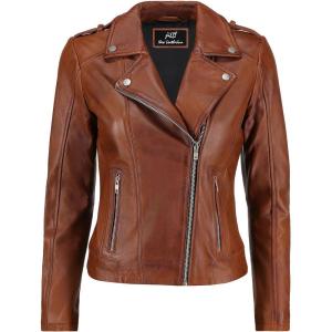 Jild Biker Style Vintage Leather Jacket Women – Casual Fashion Motorcycle Zip-Up Lightweight Coat Collar Women Leather Jacket(Cognac)
