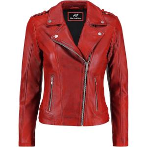 Jild Biker Style Vintage Leather Jacket Women – Casual Fashion Motorcycle Zip-Up Lightweight Coat Collar Women Leather Jacket(Red)