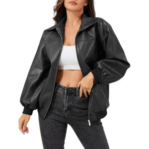 KWSTAIN Leather Jacket Women Vintage Washed Faux Oversized Casual Motorcycle Biker Bomber Coats With Pockets 2025 Y2K Trendy(Black)