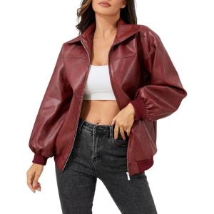KWSTAIN Leather Jacket Women Vintage Washed Faux Oversized Casual Motorcycle Biker Bomber Coats With Pockets 2025 Y2K Trendy(Wine)