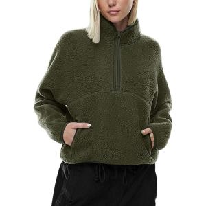 LASLULU Womens Half Zip Pullover Cropped Sweatshirts Sherpa Fleece Jacket Fuzzy Sweaters Cute Winter Jackets with Pockets(Army Green)