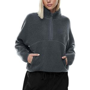 LASLULU Womens Half Zip Pullover Cropped Sweatshirts Sherpa Fleece Jacket Fuzzy Sweaters Cute Winter Jackets with Pockets(Dark Grey)