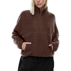 LASLULU Womens Half Zip Pullover Cropped Sweatshirts Sherpa Fleece Jacket Fuzzy Sweaters Cute Winter Jackets with Pockets(Espresso)